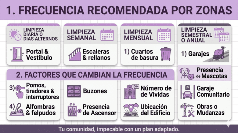 Infografía sobre cada cuánto limpiar una comunidad de vecinos según las zonas del edificio