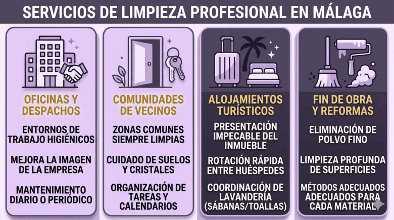 Infografía sobre empresa de limpieza en Málaga para mantenimiento, cristales, garajes y limpiezas especializadas