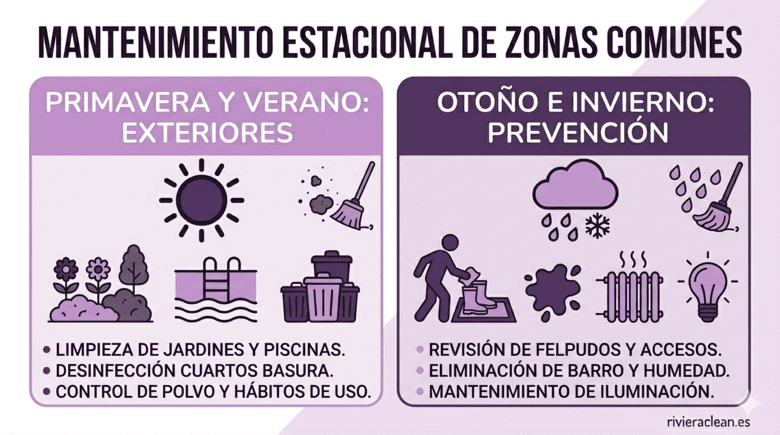 Infografía sobre limpieza de comunidades durante todo el año por zonas y temporadas