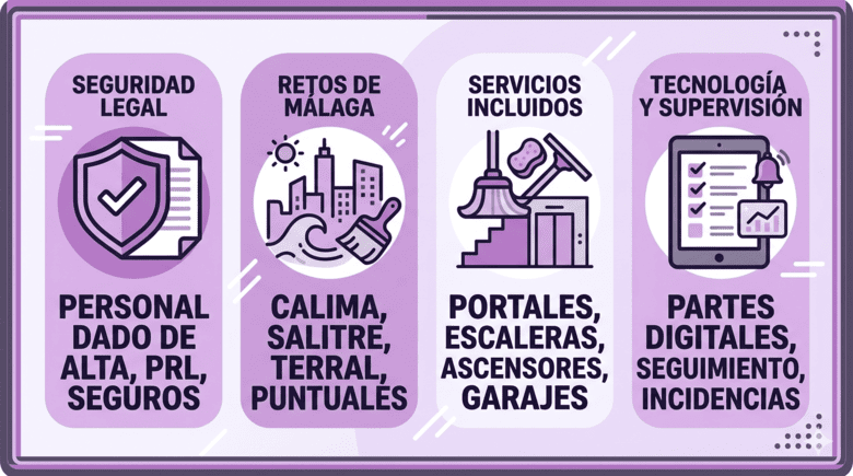 Infografía sobre limpieza de comunidades en Málaga y mantenimiento de zonas comunes