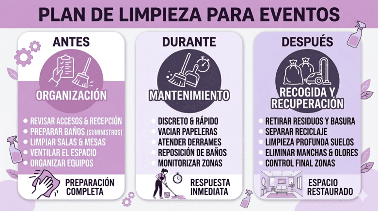 Infografía con plan de limpieza para eventos antes durante y después
