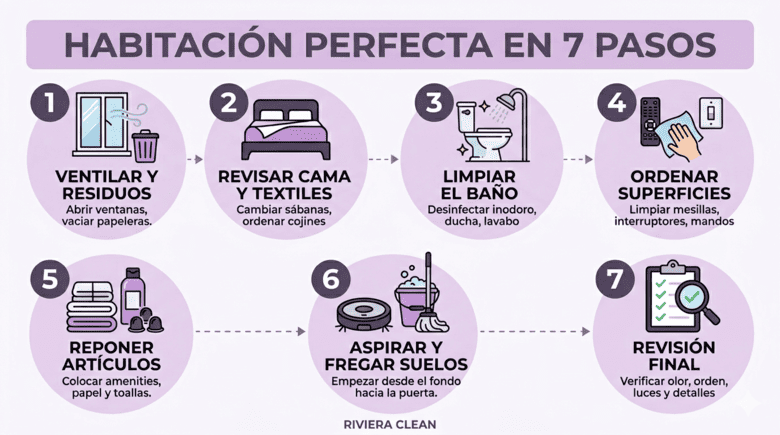 Infografía sobre limpieza de habitaciones de hotel y revisión de estancias