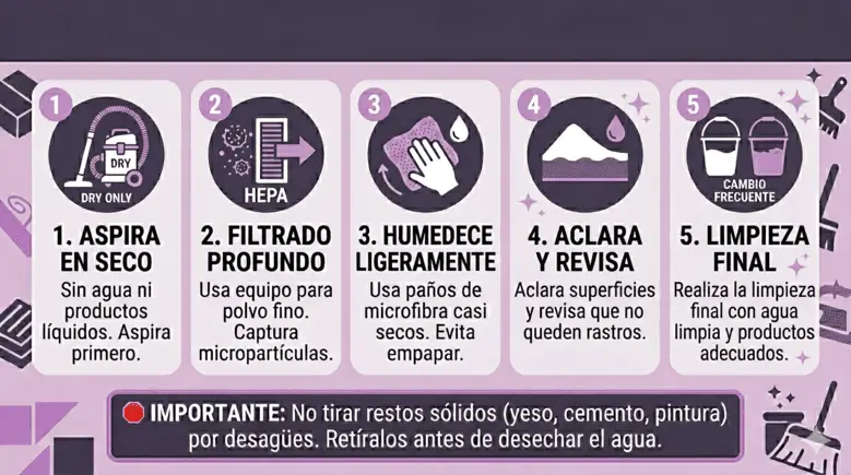 Infografía sobre limpieza de vivienda tras obra y protección de acabados