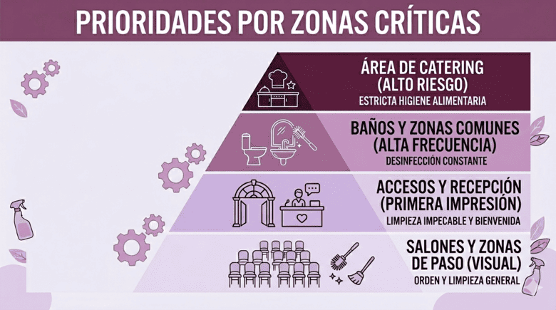 Infografía sobre prioridades por zonas críticas en un servicio de limpieza para eventos