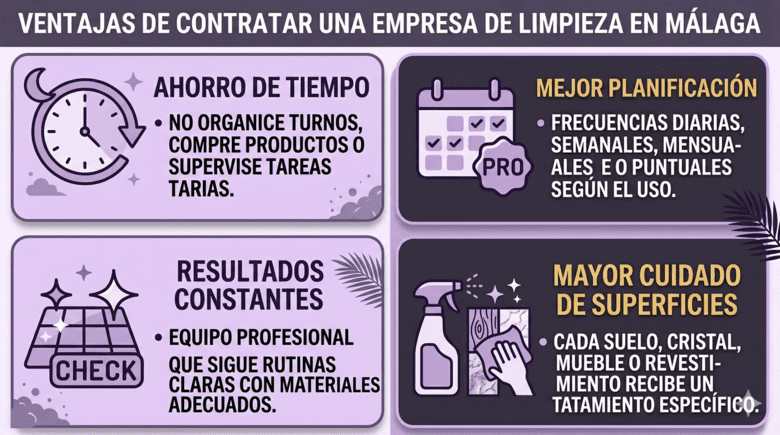Infografía sobre servicios de limpieza profesional en Málaga para oficinas, comunidades y locales