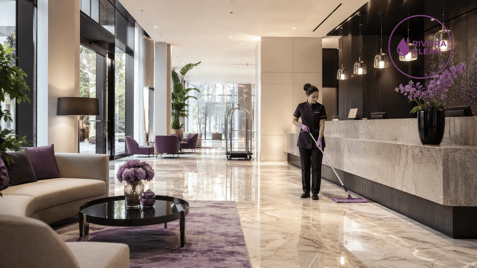 Personal de limpieza trabajando en el lobby de un hotel moderno
