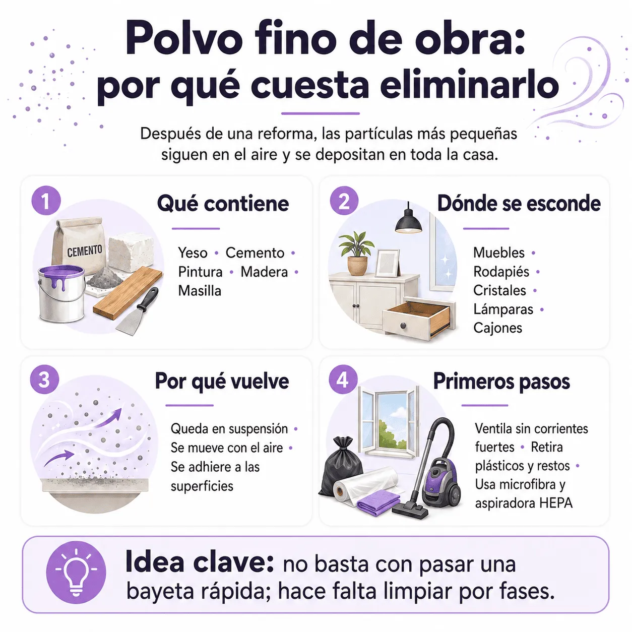 Explicación visual sobre por qué el polvo fino de obra cuesta eliminarlo
